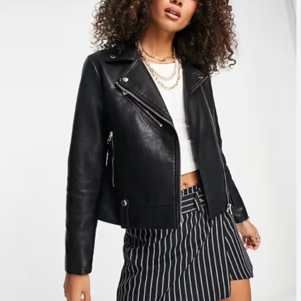 Topshop Classic Faux Leather Biker Jacket - Black (Size 4)